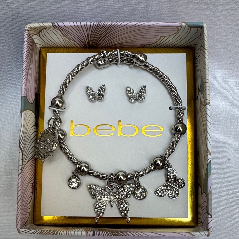Bebe Silver Rope Charm Bracelet and Earrings with Butterfly Accents